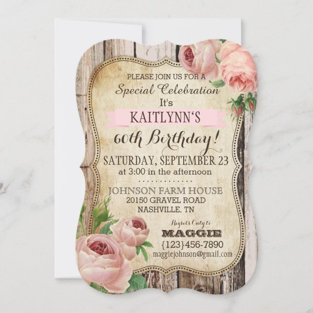 Land Rosor och Rustic Wood Birthday Inbjudan (Framsida)