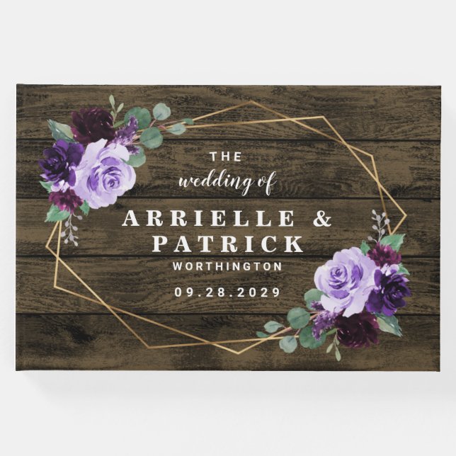 Land Rustic Blommigt Lila och Guld Bröllop Gästböcker (Framsida)