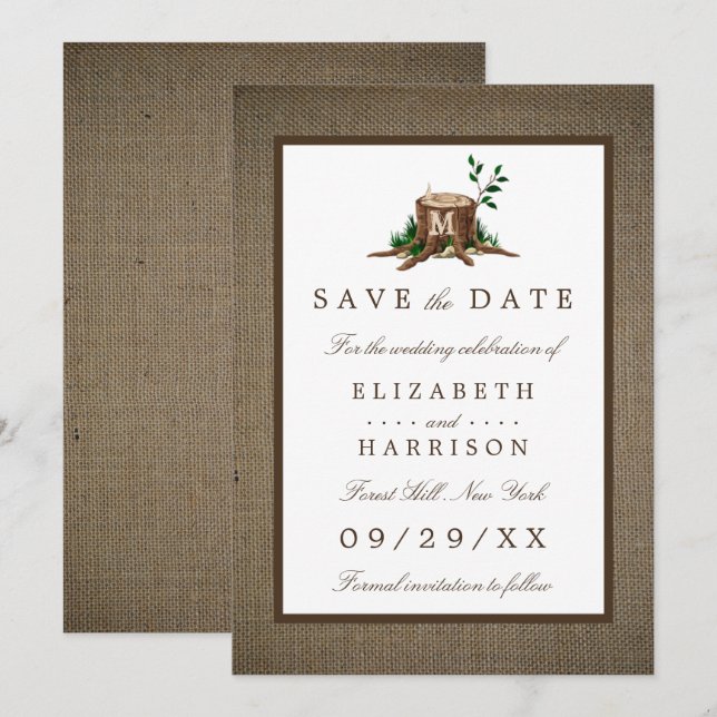 Land Rustic Burlap Monogram Träd sparar datumet (Fram/baksida)