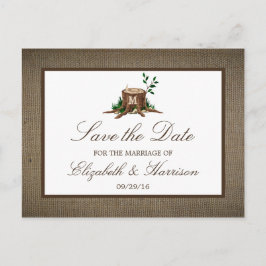 Land Rustic Burlap Monogram Träd sparar datumet Meddelande Vykort