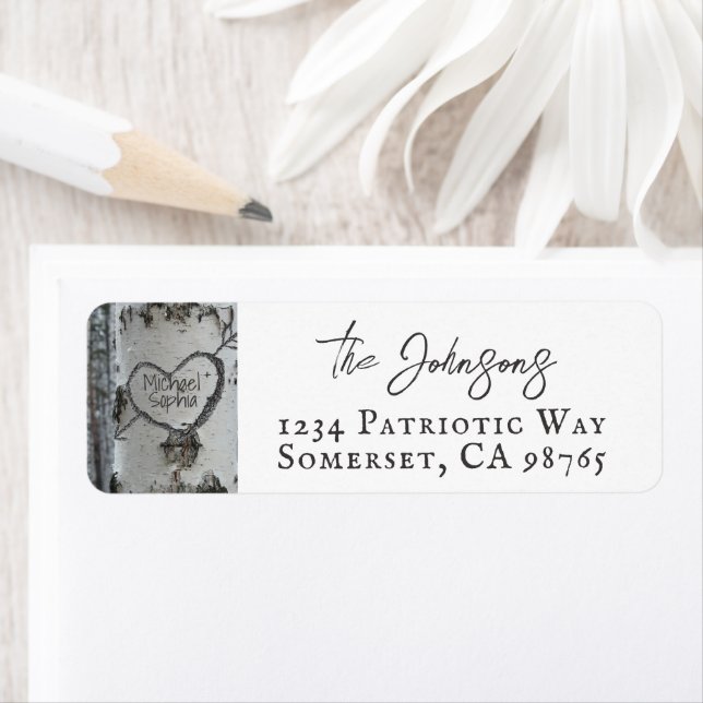 Land Rustic Carved Heart Birch Träd Returadress Etikett (Insitu)