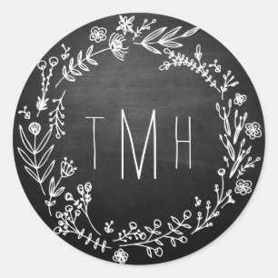 Land Rustic Chalkboard Monogram Bröllop Sticker Runt Klistermärke