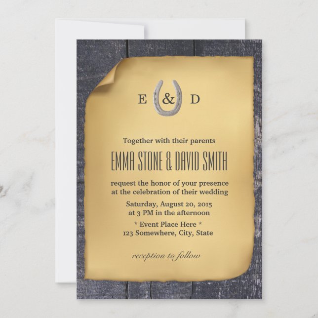 Land Rustic Horseshoe Barn Wood Bröllop Inbjudningar (Framsida)