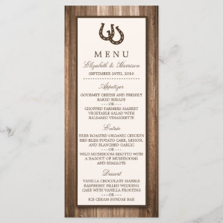 Land Rustic Horseshoe & Brown Wood Bröllop Menu Meny