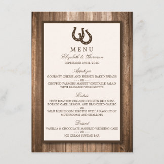 Land Rustic Horseshoe & Brown Wood Bröllop Menu Meny