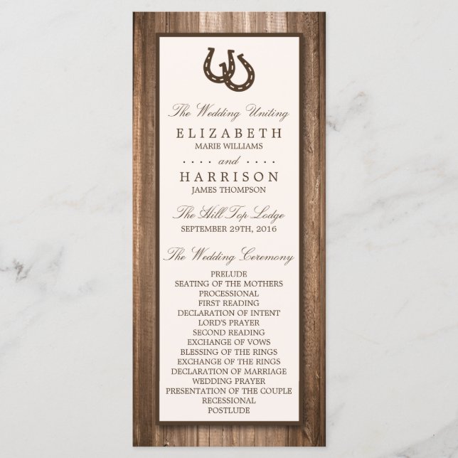 Land Rustic Horseshoe & Brown Wood Bröllop Program (Framsida)