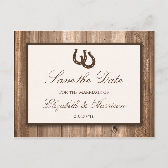Land Rustic Horseshoe, Brown Wood Save Date Meddelande Vykort (Framsida)
