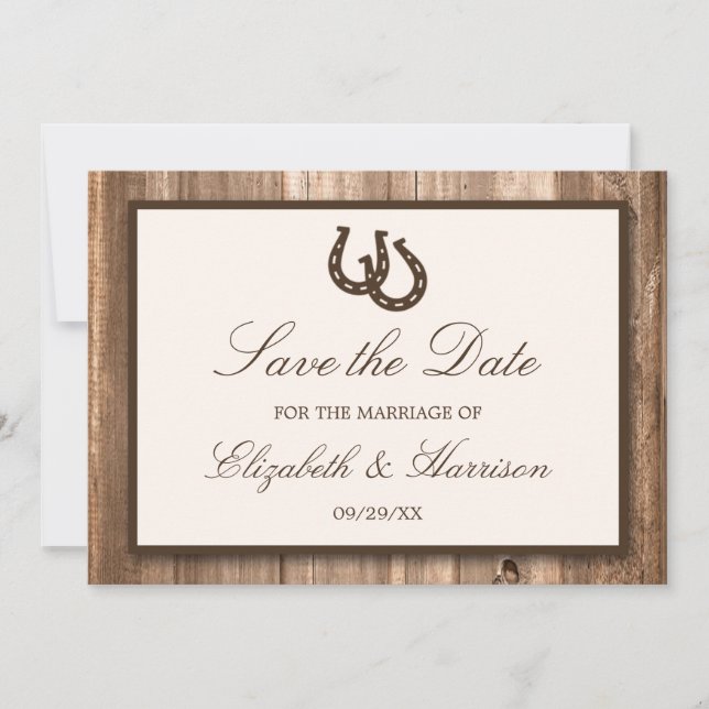 Land Rustic Horseshoe, Brown Wood Save Date Spara Datumet (Framsida)