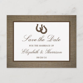 Land Rustic Horseshoe on Burlap Spara datumet Meddelande Vykort