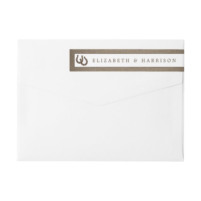 Land Rustic Horseshoe på Burlap Bröllop Etikettband (Baksidan)