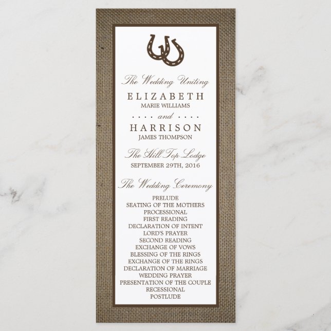 Land Rustic Horseshoe på Burlap Bröllop Program (Framsida)