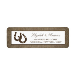 Land Rustic Horseshoe på Burlap Bröllop Returadress Etikett