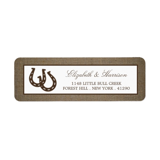 Land Rustic Horseshoe på Burlap Bröllop Returadress Etikett (Framsidan)