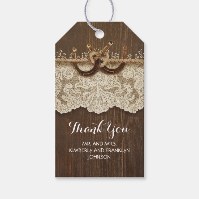 Land Rustic Horseshoes Snöre Wood Bröllop Presentetikett (Framsidan)