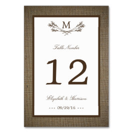 Land Rustic Monogram Gren & Burlap Bröllop Bordsnummer