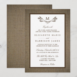 Land Rustic Monogram Gren & Burlap Bröllop Inbjudningar
