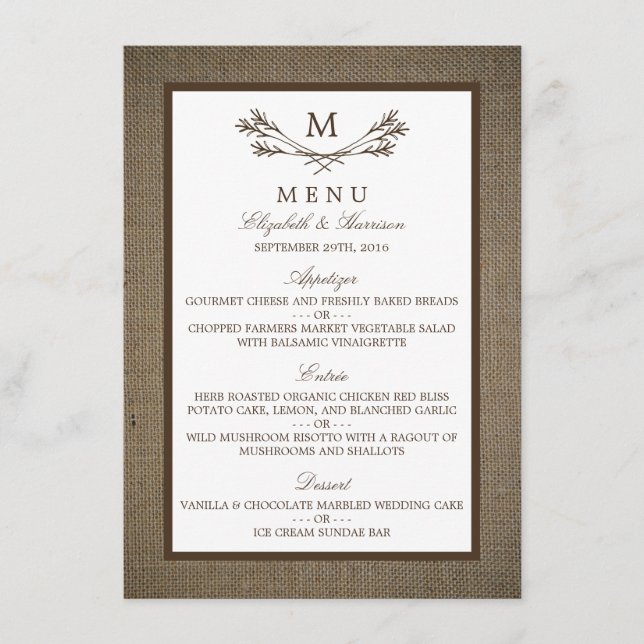 Land Rustic Monogram Gren & Burlap Bröllop Meny (Framsida)