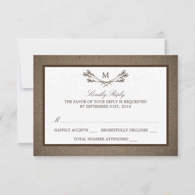Land Rustic Monogram Gren & Burlap Bröllop OSA Kort (Framsida)