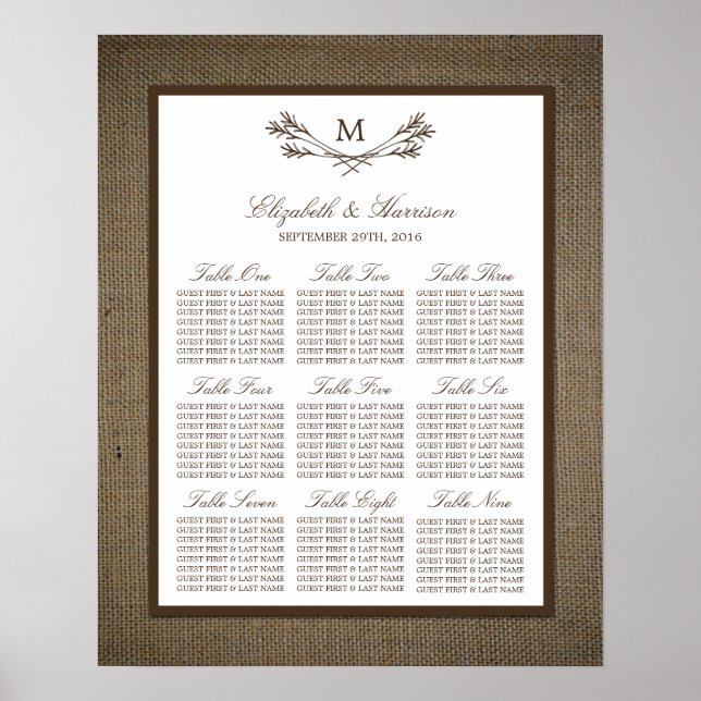 Land Rustic Monogram Gren & Burlap Bröllop Poster (Framsidan)