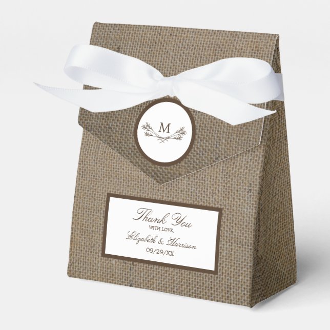 Land Rustic Monogram Gren & Burlap Bröllop Presentaskar (Framsidan Sidan)