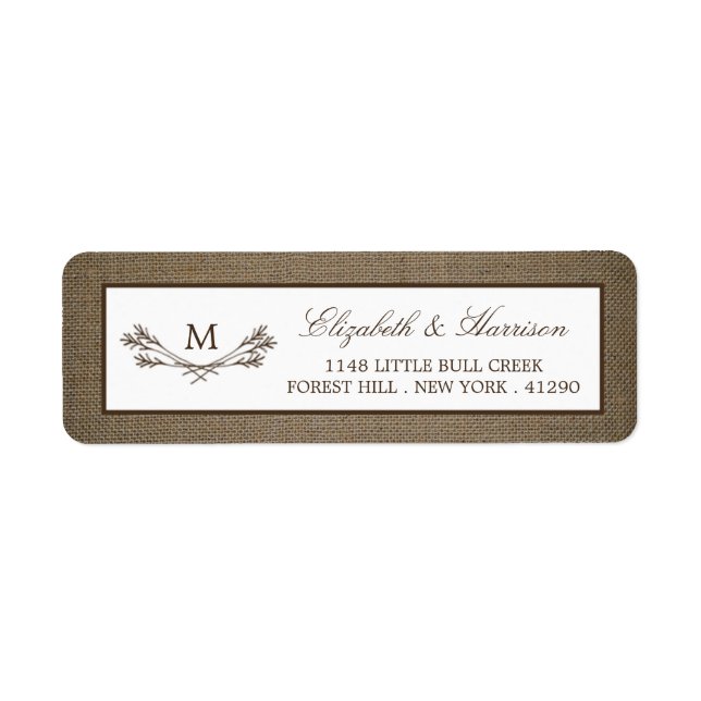 Land Rustic Monogram Gren & Burlap Bröllop Returadress Etikett (Framsidan)