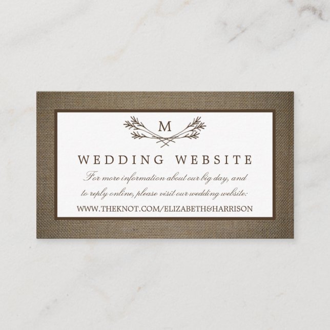 Land Rustic Monogram Gren & Burlap Bröllop Tilläggskort (Framsida)