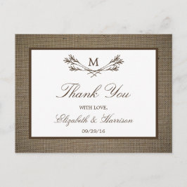 Land Rustic Monogram Gren & Burlap Bröllop Vykort