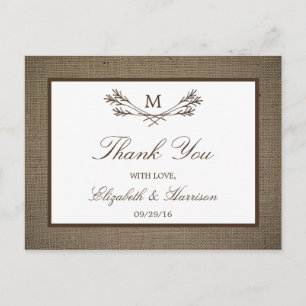 Land Rustic Monogram Gren & Burlap Bröllop Vykort
