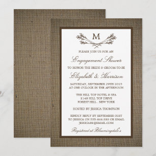 Land Rustic Monogram Gren Burlap Förlovning Inbjudningar