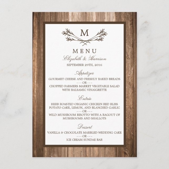 Land Rustic Monogram Gren & Wood Bröllop Menu Meny (Framsida)