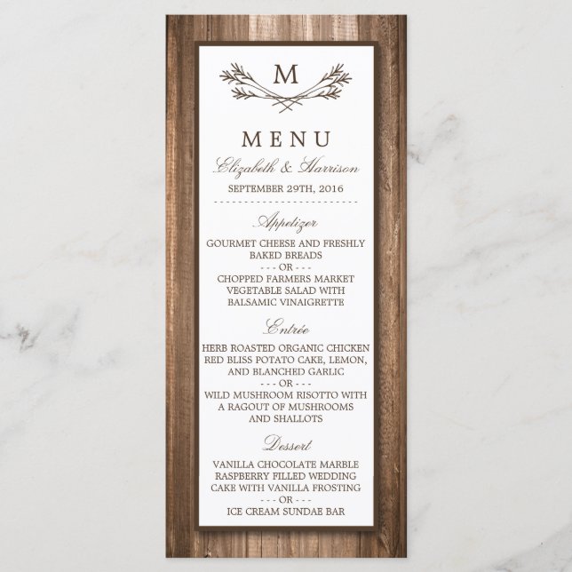 Land Rustic Monogram Gren & Wood Bröllop Menu Meny (Framsida)