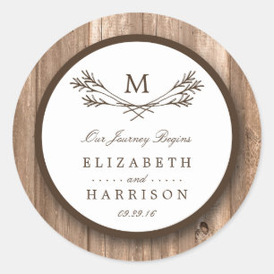 Land Rustic Monogram Gren & Wood Bröllop Runt Klistermärke