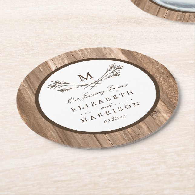 Land Rustic Monogram Gren & Wood Bröllop Underlägg Papper Rund (Vinklad)