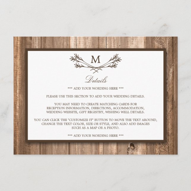 Land Rustic Monogram Gren & Wood Detail Card Tilläggskort (Framsida)