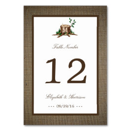 Land Rustic Monogram Träd & Burlap Bröllop Bordsnummer