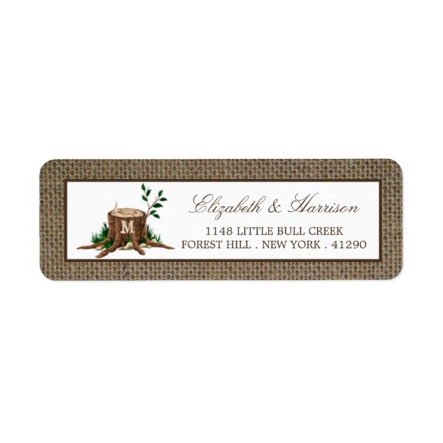 Land Rustic Monogram Träd & Burlap Bröllop Returadress Etikett (Framsidan)