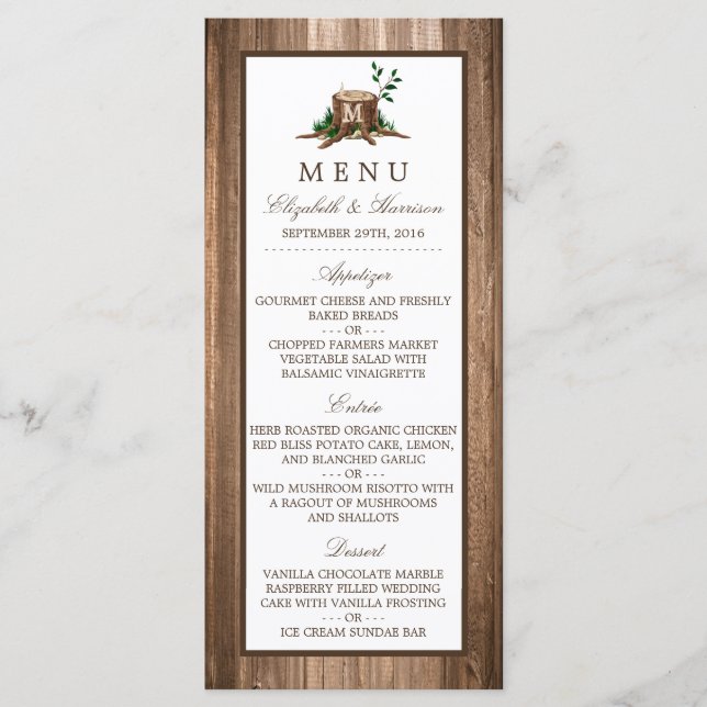 Land Rustic Monogram Träd & Wood Bröllop Menu Meny (Framsida)