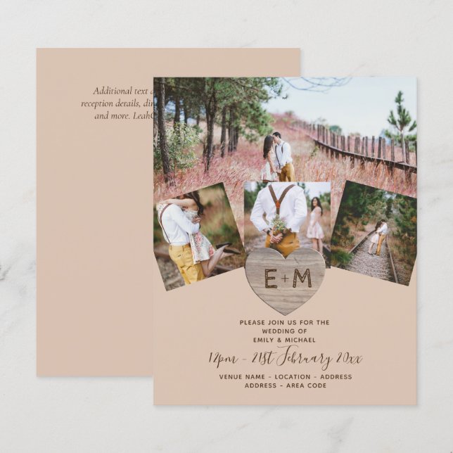 Land Rustic Photo Carved Heart Monogram Bröllop (Fram/baksida)