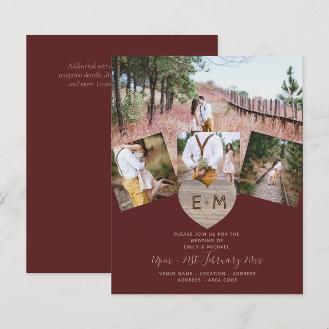 Land Rustic Photo Carved Heart Monogram Bröllop (Fram/baksida)