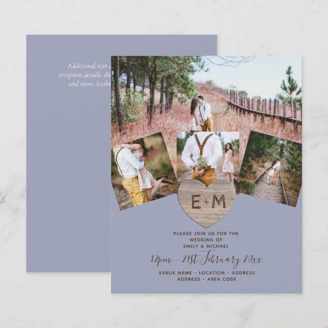 Land Rustic Photo Carved Heart Monogram Bröllop (Fram/baksida)