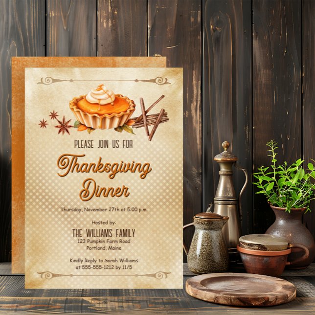 Land Rustic Pumpkin Paj Thanksgiving Dinner Inbjudningar (Country Rustic Pumpkin Pie Thanksgiving Dinner Invitation - Print | Digital Download)
