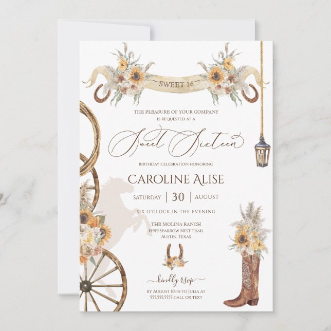 Land Rustic Ranch Western Sweet 16 Birthday Inbjudningar (Framsida)