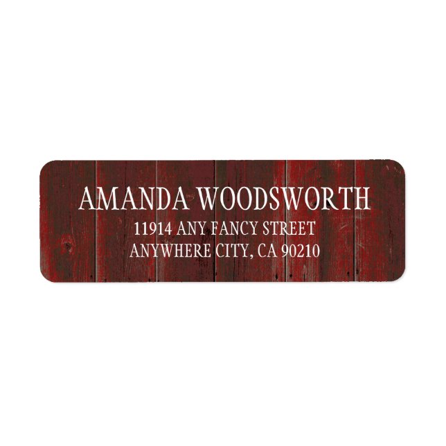 Land Rustic Red Barn Wood Bröllopsetiketter Returadress Etikett (Framsidan)