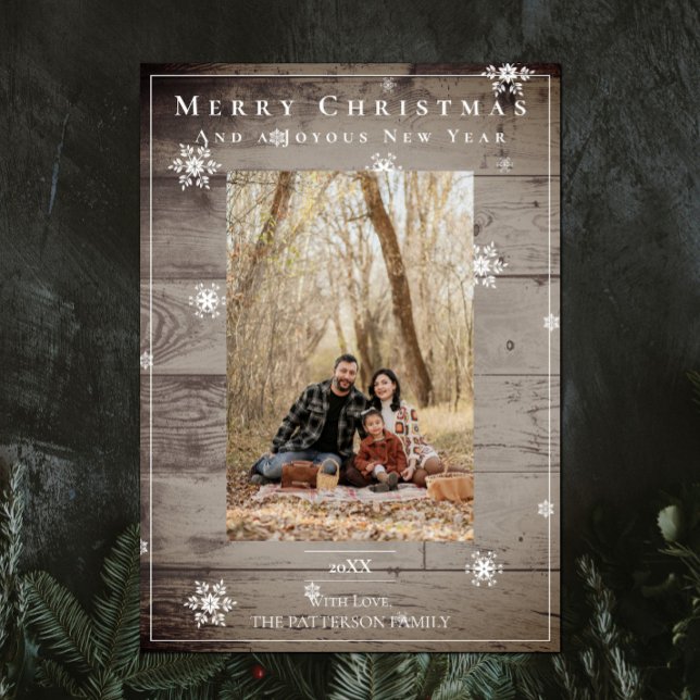 Land Rustic Snöflingor Helgdag fotokort Julkort (Country Rustic Snowflakes Christmas Photo Card)