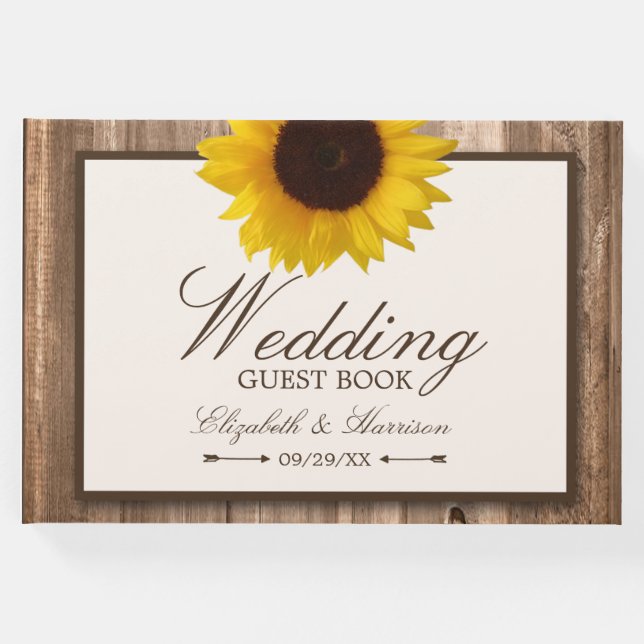 Land Rustic Solros & Brown Wood Bröllop Gästböcker (Framsida)