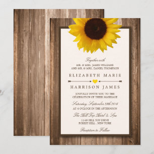 Land Rustic Solros & Brown Wood Bröllop Inbjudningar