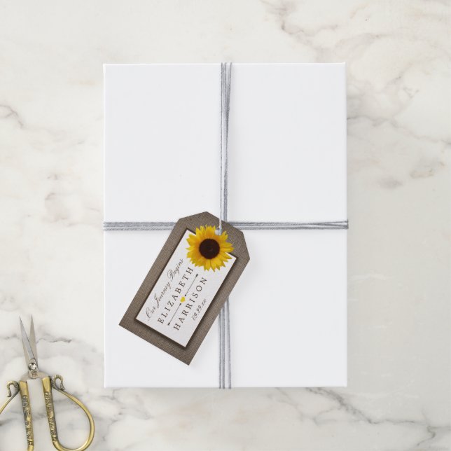 Land Rustic Solros och Burlap Bröllop Presentetikett (Med Snöre)