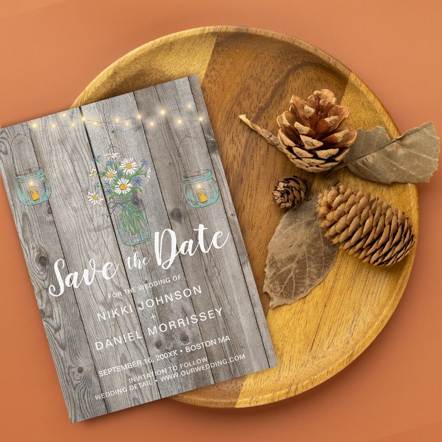 Land Rustic String Ljus Burk WildblommWood Spara Datumet (Country Rustic String Lights Jars Wildflower Wood Save The Date)
