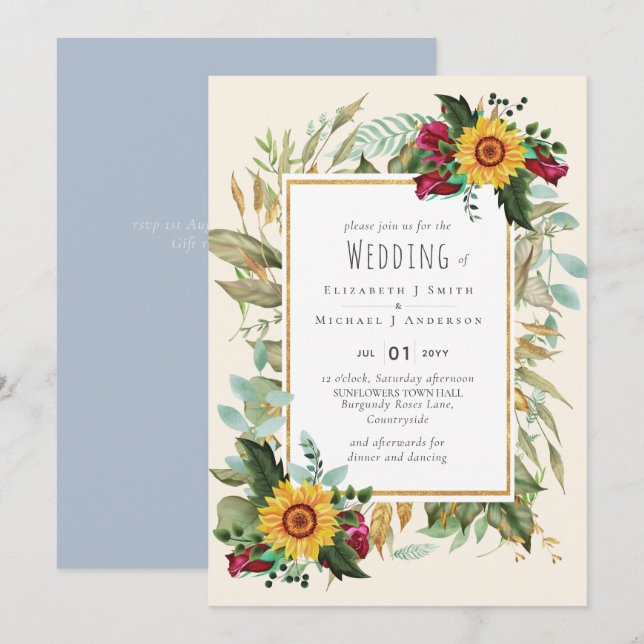 Land Rustic Sunblommor Burgundy Ro Bröllop (Fram/baksida)