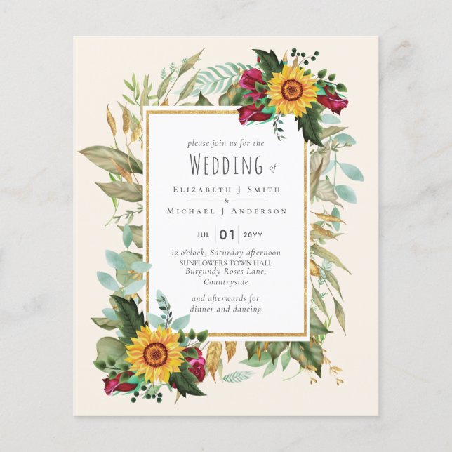 Land Rustic Sunblommor Burgundy Ro Bröllop Flygblad (Framsidan)